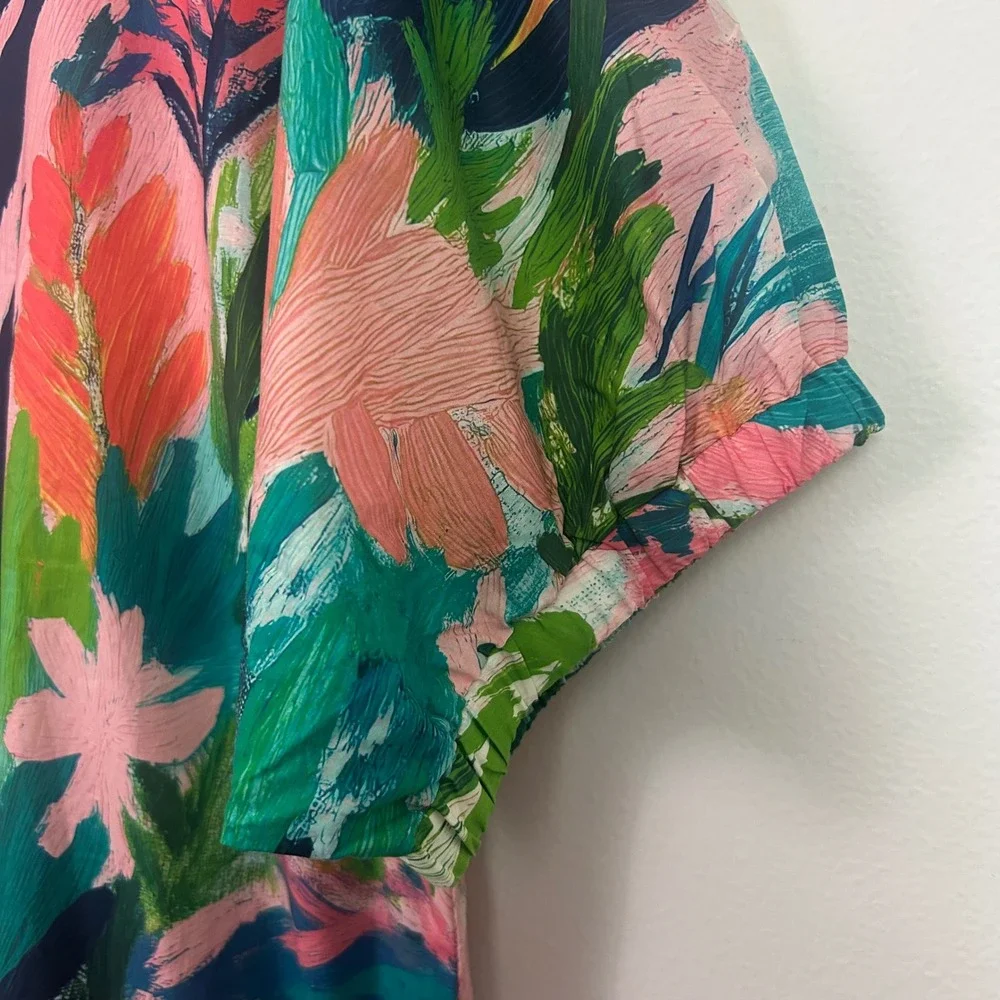 Entro Floral Maxi Dress Coral Combo Cotton Split Neck Large NEW - Picture 9 of 10